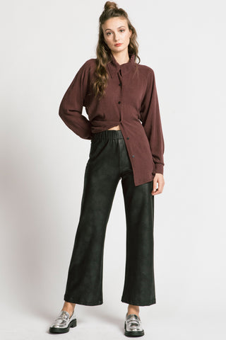 Model wearing brown shirt with black leatherette Shanna Pants by Allison Wonderland. 