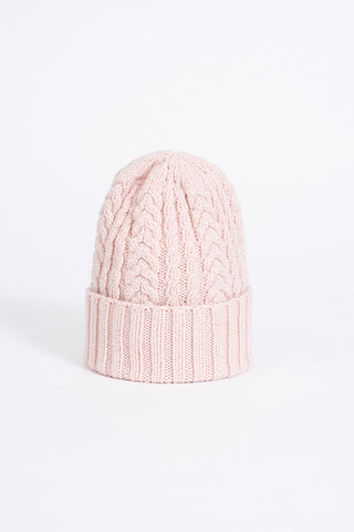 Blush pink merino wool cabled hat by Dinadi. 