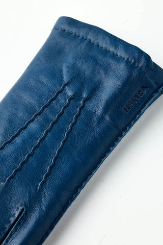 Close-up of midnight blue Mary leather gloves by Hestra. 