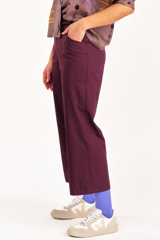 Side view of purple organic cotton cropped Elliot Pants by Jennifer Glasgow. 