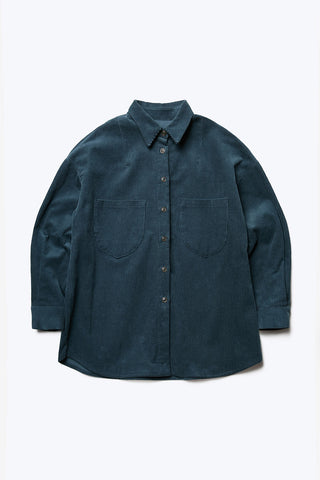 Front view of petrol blue corduroy Proclaim shirt. 