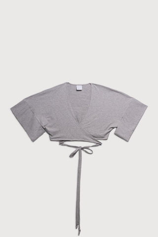 Grey self-tie cropped Tenbin wrap top by Mercy House. 