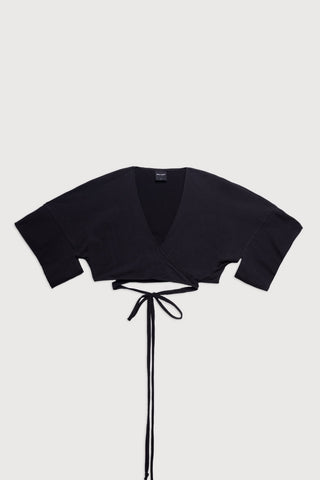 Black self-tie cropped Tenbin wrap top by Mercy House. 