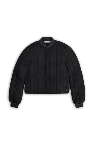 Black quilted Banja Liner Bomber by RAINS. 