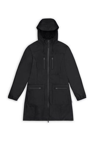 Black waterproof Cargo Curved Jacket by Rains. 