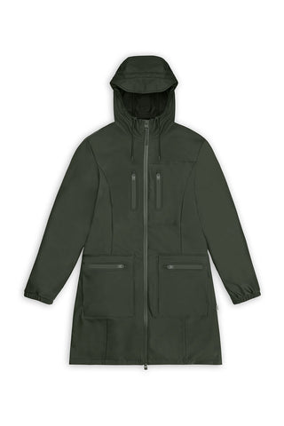 Green waterproof Cargo Curved Jacket by Rains. 