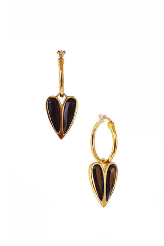 Gold and black Zirconia heart shaped Monroe Earrings by Sarah Mulder. 