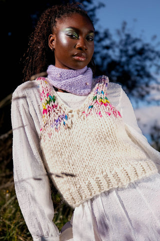 Model wearing Everyday Sprinkle Vest by Toast & Yarn. 