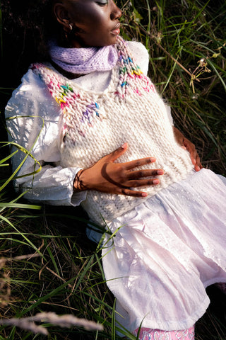 Model wearing Everyday Sprinkle Vest by Toast & Yarn. 