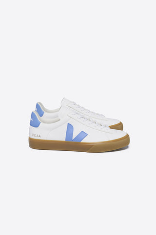 Side view of Veja Campo Chromefree sneaker in white with aqua logo and natural sole. 