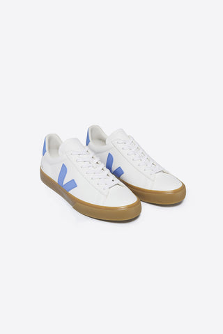 Side view of Veja Campo Chromefree sneaker in white with aqua logo and natural sole. 