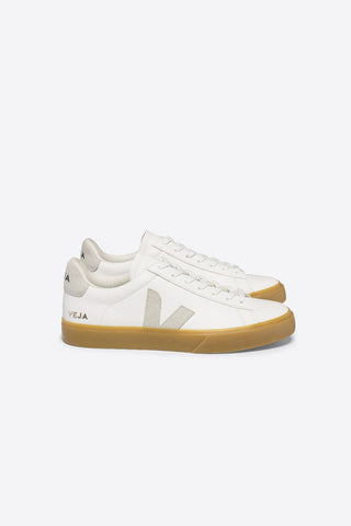 Side view of Veja Campo ChromeFree Leather Extra White sneakers with natural suede logo and natural sole. 