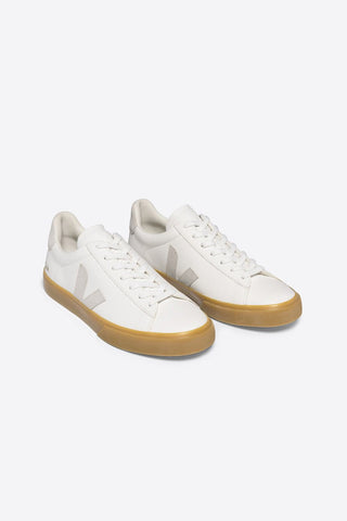 Side view of Veja Campo ChromeFree Leather Extra White sneakers with natural suede logo and natural sole. 