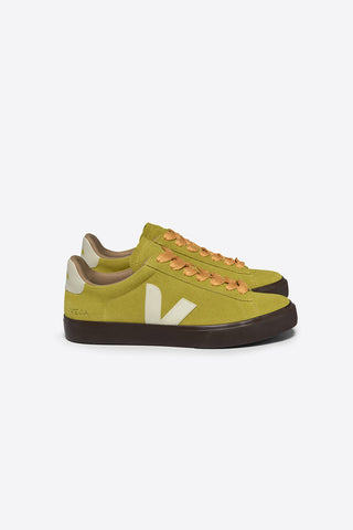 Side view of Veja Campo Bold Suede in Liquor (Chartreuse) and Pierre logo (off white). 