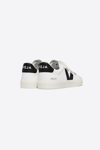 Back view of Veja Recife leather sneakers in white with black logo.