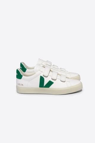 Side view of Veja Recife leather sneakers in white with green logo.