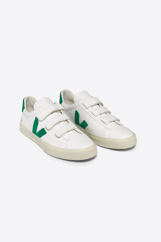 Veja Recife leather sneakers in white with green logo.