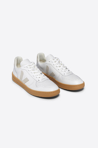 Veja V-10 sneakers in white ChromeFree leather with Natural suede logo and sole. 