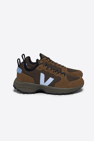 Side view of Veja Venturi sneakers in brown with purple logo. 