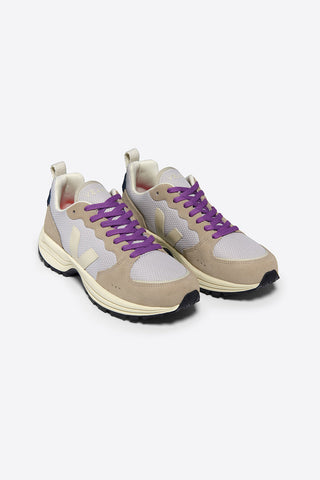 Veja Venturi sneakers in light grey with cream logo and purple laces. 