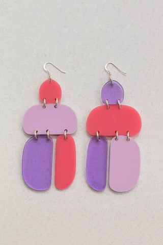 Pink, purple & lilac Remixed Stacked Ovoids acrylic earrings by Warren Steven Scott. 