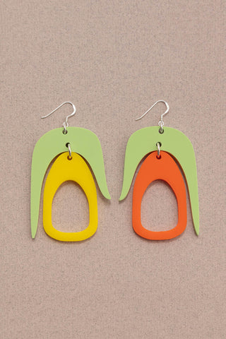 Apple green, yellow and orange acrylic Remixed Salish Chandelier earrings by Warren Steven Scott. 